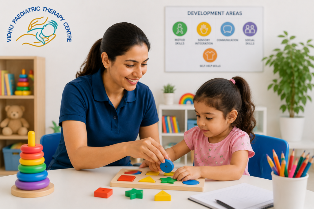 Therapist guiding child in learning area